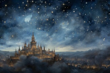 Naklejka premium Painting of Medieval night faded Castle. Stars shining in the sky. Magic, miracle.