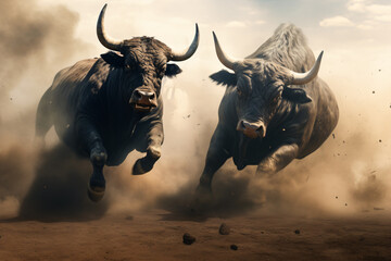 bulls fighting each other - obrazy, fototapety, plakaty