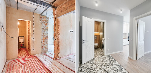 Comparison of old flat with underfloor heating pipes and new renovated apartment with modern...