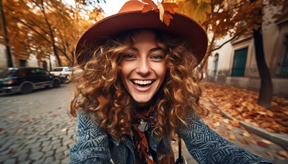 selfie of happy woman in warm clothes in autumn forest - obrazy, fototapety, plakaty