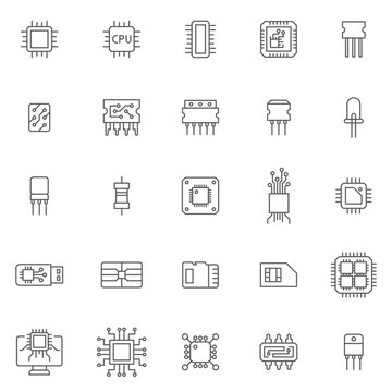 Computer microchip line icons set. linear style symbols collection outline signs pack. vector graphics. Set includes icons as Transistor chip, Microcircuit, Computer processor, Integrated circuit, led