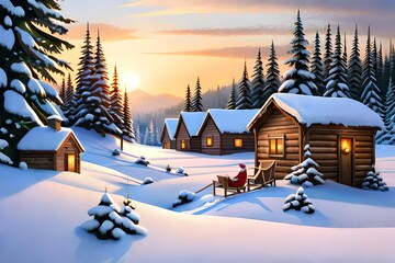 Santa's sleigh overflowing with colorful presents, parked in front of a cozy winter cabin, all set against a snowy white backdrop. - obrazy, fototapety, plakaty