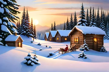 Fotobehang Santa's sleigh overflowing with colorful presents, parked in front of a cozy winter cabin, all set against a snowy white backdrop. © Abdul