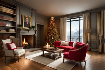 A mesmerizing holiday setting where a resplendent Christmas tree, resplendent with lights and ornaments, bathes the room in a soft, otherworldly glow