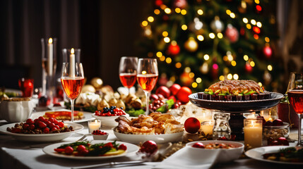 Christmas Dinner table full of dishes with food and snacks, New Year's decor with a Christmas tree on the background