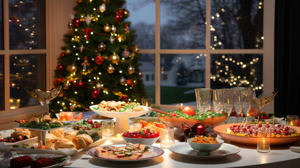 Christmas Dinner table full of dishes with food and snacks, New Year's decor with a Christmas tree on the background