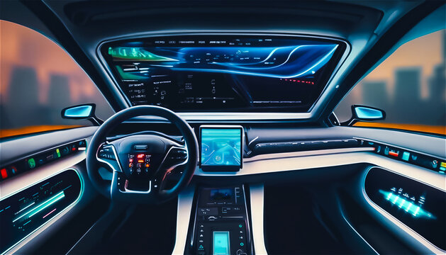 近未来的な自動運転車両の車内。液晶UI