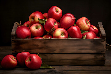 Fresh red apples in wooden box on black background