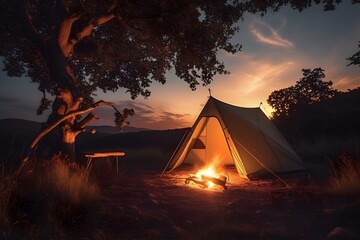 Camping in the forest at night with a tent and campfire