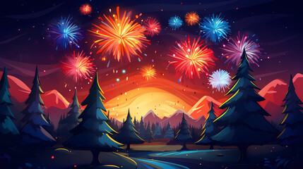 Hand drawn cartoon New Year's beautiful fireworks illustration in the night sky
 - obrazy, fototapety, plakaty