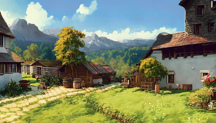 Fotobehang Old traditional swiss farmers building in the countryside during summer with a nice garden © Niklas