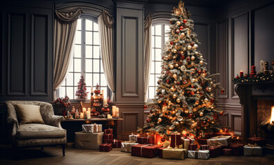 Christmas tree in living room with gifts and decorations - obrazy, fototapety, plakaty