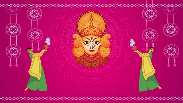 Happy Durga puja wishes in Bengali. amotion graphics durga face and typography.  Durga Puja , Ashtami  concept.