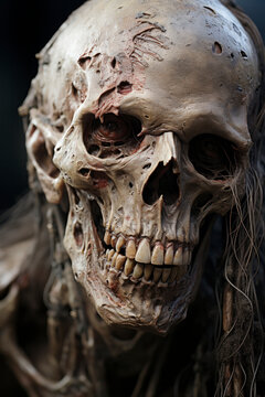 A portrait of a zombie skull with scary eyes and teeth