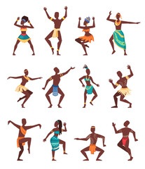 african ritual dancing. ancient traditional ceremony, cartoon aboriginal ethnic dancers. vector cartoon flat characters.
