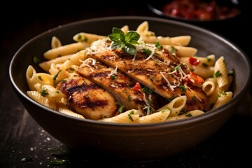 Pasta with grilled chicken fillet and tomato sauce on wooden table