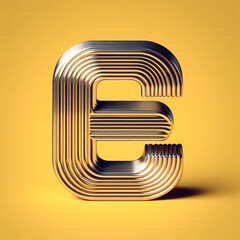 3D typography of the letter E on a yellow background. Chrome shiny texture, ridges, minimal