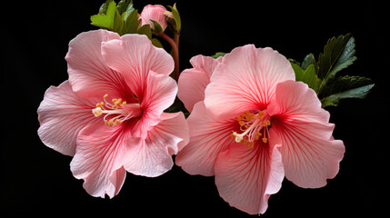 A close up of two pink flowers on a black background