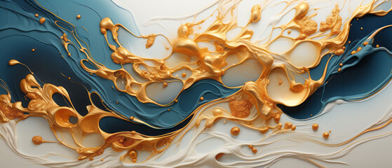 Digital abstract liquid background with gold and blue paint splashes. - obrazy, fototapety, plakaty
