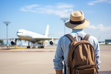 Rear view of young male tourist in hat and backpack standing at airport - obrazy, fototapety, plakaty