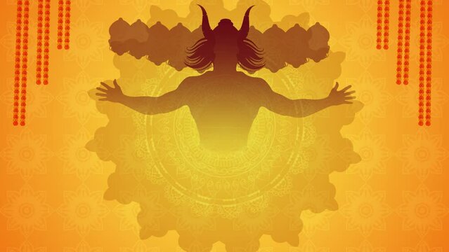 Happy Dussehra wishes in Bengali text. Ravana is shot by arrows.