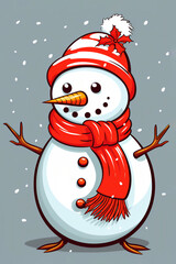 A jolly cartoon snowman, a whimsical winter sculpture, during the festive season of Christmas which could be used as a greeting card, computer Generative AI stock illustration