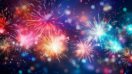 Colorful firework with bokeh background. New Year celebration, Abstract holiday background - obrazy, fototapety, plakaty