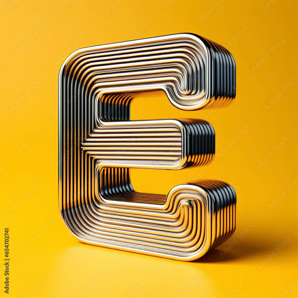 Wall mural 3d typography of the letter e on a yellow background. chrome shiny texture, ridges, minimal