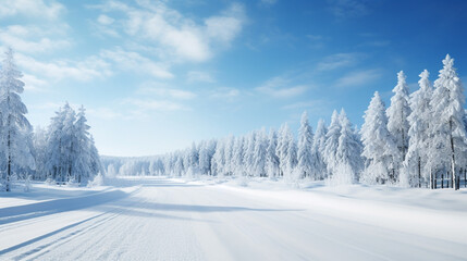 Winter road, covered with snow on a sunny day. Generative Ai
