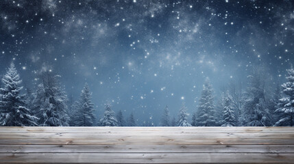 Winter Table - Snowy Plank With Snowfall In The Cold Sky. Generative Ai
