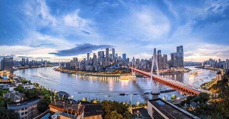 Aerial view of Chongqing skyline and river scenery in the early morning