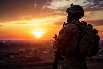 A silhouette view of a soldier on duty as he watches a colorful sunset on the western horizon - obrazy, fototapety, plakaty