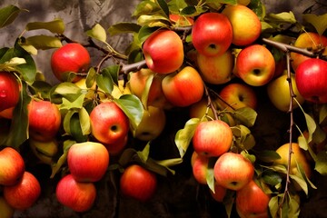 Obraz premium red and yellow apples on a branch of an apple tree in autumn