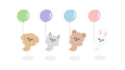 風船で浮いている動物たちのイラスト