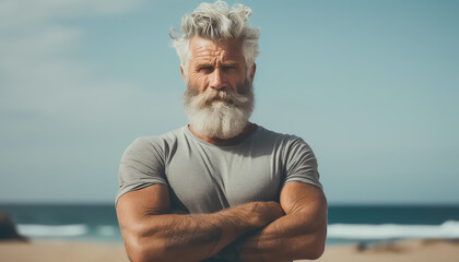 Portrait of an elderly inflated man against the background of the beach