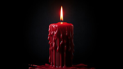 A single blood red candle dripping wax isolated, black background