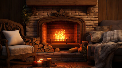 Warm cozy fireplace with real wood burning in it, Cozy winter concept. Generative Ai