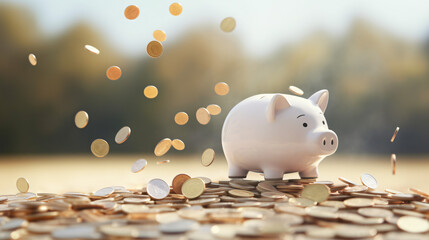 Coins falling to white piggy saving, Financial and money deposit concept - obrazy, fototapety, plakaty