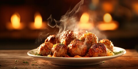 Delicious Meatballs with Sauce Served on a Plate - obrazy, fototapety, plakaty