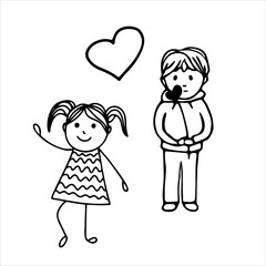 A joyful girl and a sad boy in love. Unrequited love. Vector black-and-white hand-drawn doodles. Template design, icon, clipart, sketch. February 14. valentine's day.