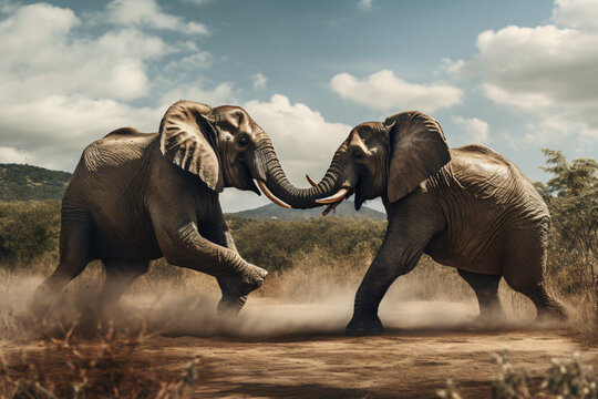Elephants fighting each other