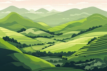Green tea plantation landscape vector illustration. Cartoon flat rural farmland fields, terraced farmer tea plantation, hills with greenery and mountain on horizon. Asian agricultur - obrazy, fototapety, plakaty