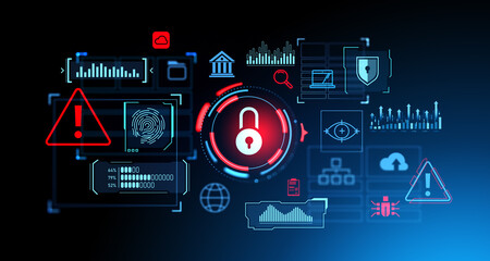 Digital cybersecurity chart with big business data and statistics icons