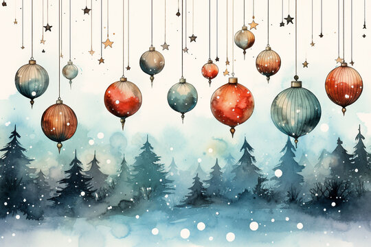 watercolour christmas decoration ornament, merry christmas and happy new year.