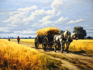 Harvesting Grains with Horse-Pulled Wagon - obrazy, fototapety, plakaty
