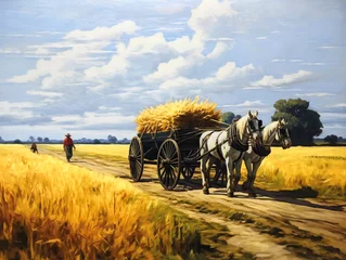 Photo sur Plexiglas Ciel bleu Harvesting Grains with Horse-Pulled Wagon