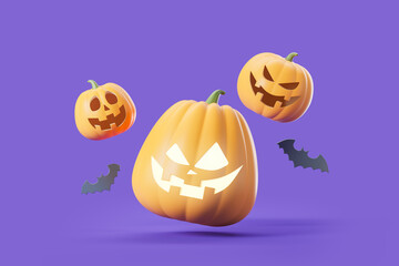 Scary pumpkin flying with bats on purple background