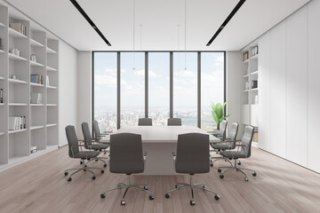 Panoramic white board room interior with bookcase