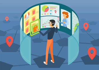 Digital marketing manager working with virtual screens and analyzing data , Vector illustration 