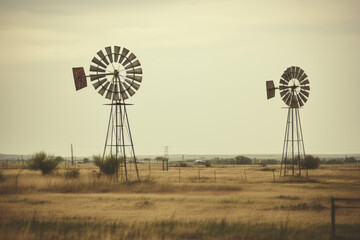 Old windmills in the Texan prairie - obrazy, fototapety, plakaty